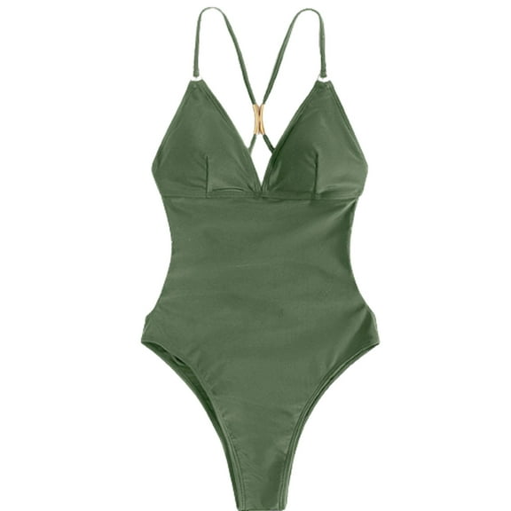wycnly Sexy Swimsuits for Women Sexy Hollowed Tummy Control Monokini Bathing Suits Beachwear Sleeveless V-Neck Solid Swimwears One-Piece Swimsuits Green L Up to 65% off