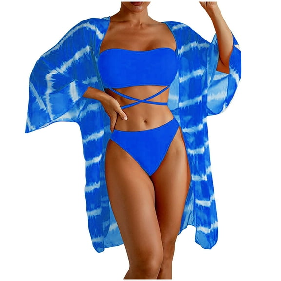 Usmixi Sexy Swimsuits for Women Summer Beach Bikini Sets with Cover Up Cardigan Sleeveless Tube Top Striped Print Swimwears 3 Pieces Swimsuits Blue S Up to 65% off