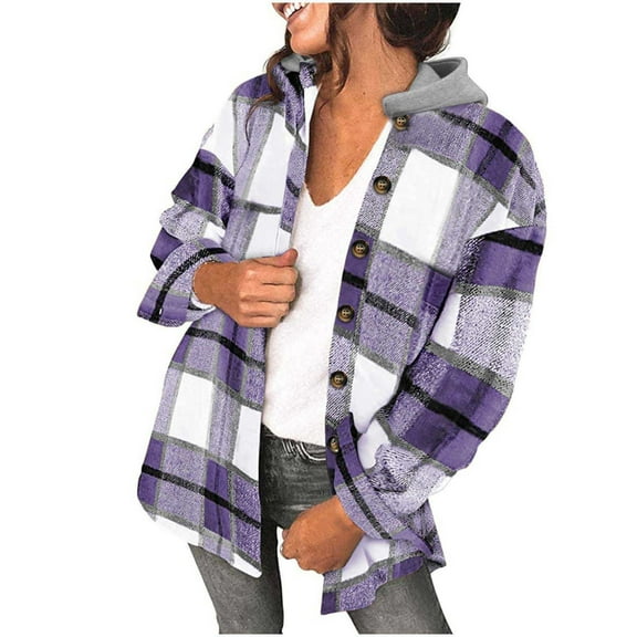 Usmixi Shacket for Women Flannel Jackets for Women Button Down Classic Plaid Print Shirts Coat Long Sleeve Loose Comfy Woolen Hooded Outerwear with Pocket Winter Shacket