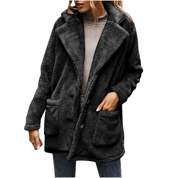 Usmixi Sherpa Jacket for Women Fuzzy Fluffy Fleece Coat for Women Casual Solid Long Sleeve Lapel Outerwear Open Button Down Soft Plush Jacket with Pocket Winter Sherpa Jacket