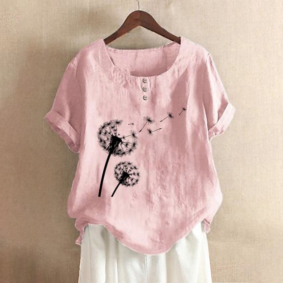 Usmixi Shirts for Women Casual Button up Plus Size Breathable Cotton Linen Tee Tops Summer Trendy Dandelion Print Short Sleeve Crewneck Ladies Blouses Pink XXXXXL