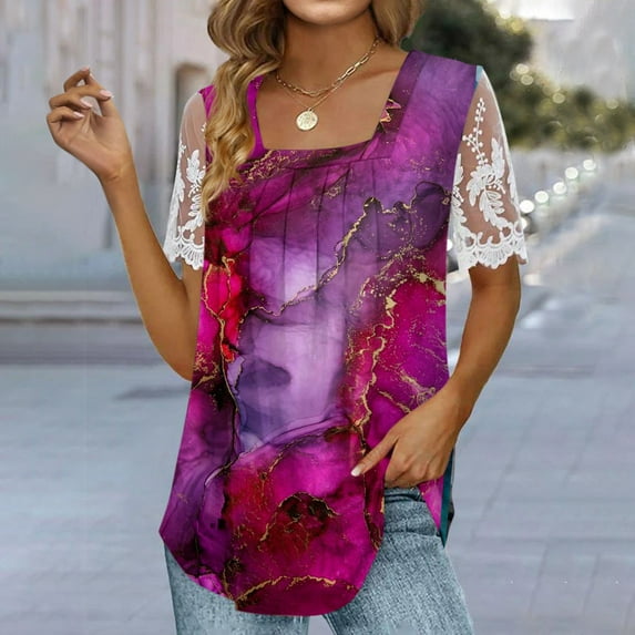 Usmixi Shirts for Women Casual Loose Fit Pleated Hem Lace Patchwork Going out Tunic Tops Summer Trendy Marbled Print Short Sleeve Square Neck Ladies Blouses Purple XL
