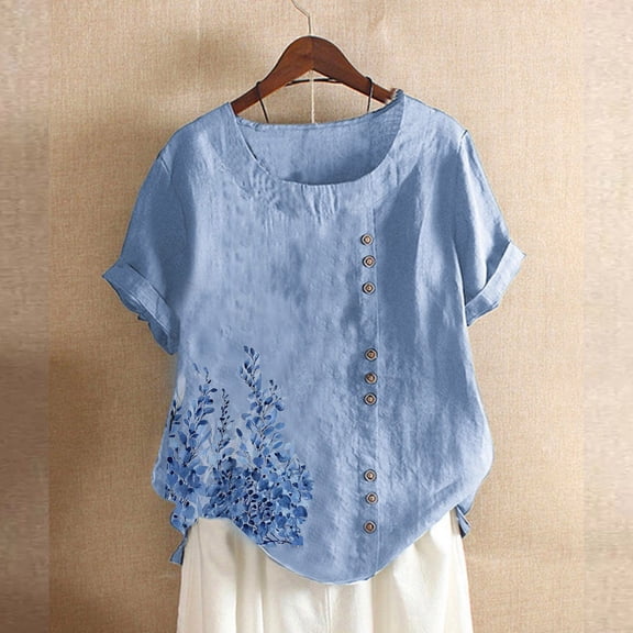 Usmixi Shirts for Women Fashion Button Down Breathable Cotton Linen Plus Size Tee Tops Summer Trendy Floral Print Short Sleeve Round Neck Ladies Blouses Sky Blue l
