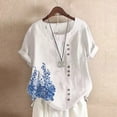 thumbnail image 1 of Usmixi Shirts for Women Fashion Button Down Breathable Cotton Linen Plus Size Tee Tops Summer Trendy Floral Print Short Sleeve Round Neck Ladies Blouses White XL, 1 of 6
