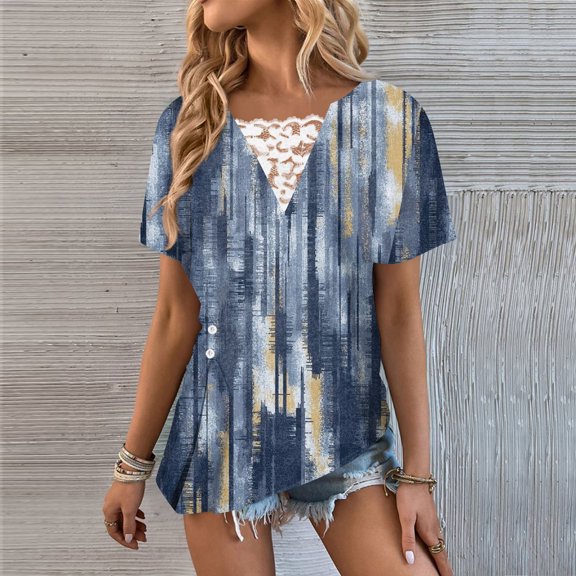 Usmixi Shirts for Women Lace Patchwork Vintage Graphics Irregular Button Hem Tunic Tops Summer Trendy Western Print Short Sleeve Square Neck Ladies Blouses Light Blue XXL