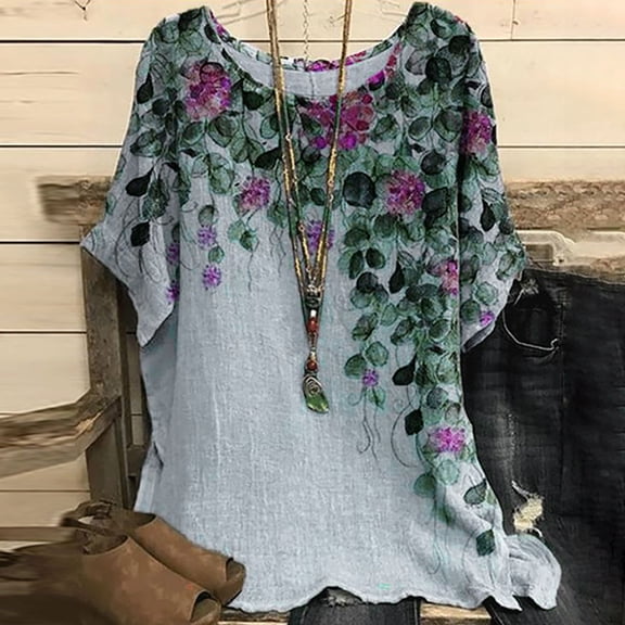 Usmixi Shirts for Women Loose Plus Size Mid-Length Soft Cotton Linen Pullover Tops Summer Casual Round Neck Short Sleeve Floral Print Ladies Blouses Gray s