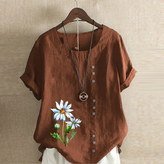 Usmixi Shirts for Women Plus Size Button Down Breathable Cotton Linen Casual Tees Tops Summer Trendy Daisy Print Short Sleeve Round Neck Ladies Blouses Coffee XXL