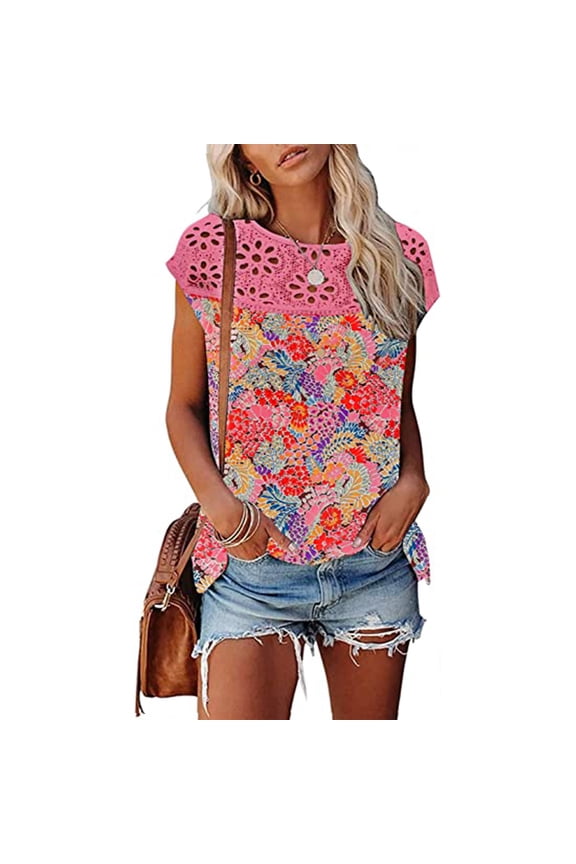 Usmixi Shirts for Women Sexy Lace Patchwork Hollow out Loose Fit Pleated Hem Tee Tops Summer Trendy Floral Short Sleeve Round Neck Ladies Blouses Watermelon Red XXL