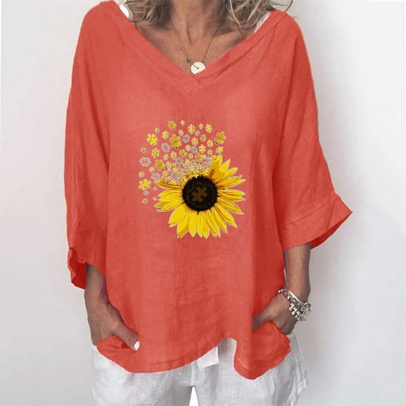 ZZwxWA Shirts for Women 3/4 Sleeve V-Neck Sunflower Print Summer Basic Tops Fashion Breathable Cotton Linen Plus Size Pullover Blouses Orange S
