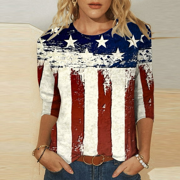 Usmixi Shirts for Women 4th of July Independence Day Loose Fit Pullover Summer Casual Round Neck 3/4 Sleeve Star Flag Print Ladies Blouses Beige XXL