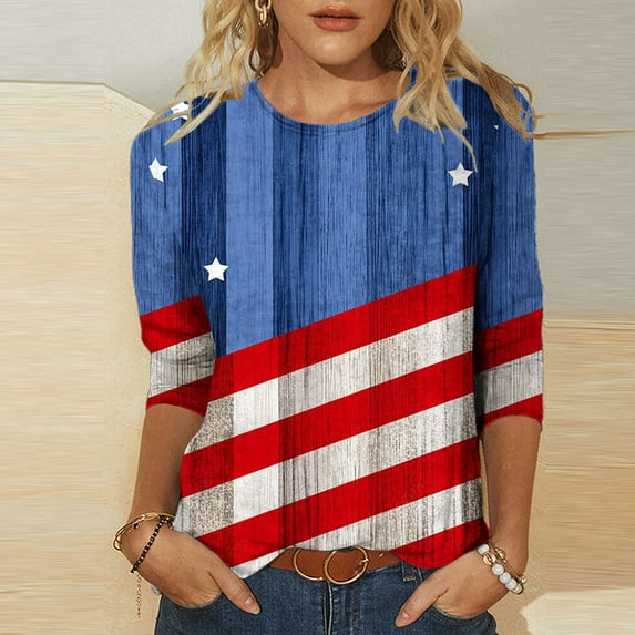 Usmixi Shirts for Women 4th of July Independence Day Loose Fit Pullover Summer Casual Round Neck 3/4 Sleeve Star Flag Print Ladies Blouses Blue l