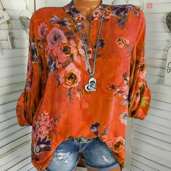 ZZwxWA Shirts for Women Elbow-Length V-Neck Floral Print Summer Basic Tops Fashion Lapel Button Down Plus Size Lightweight Blouses Orange S