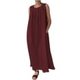 thumbnail image 1 of Usmixi Summer Beach Dress 2022 Casual Women Crewneck Short Sleeve Solid Loose Shift Midi Sun Vintage Cotton Linen Pocket Dresses Wine XXXXL, 1 of 6