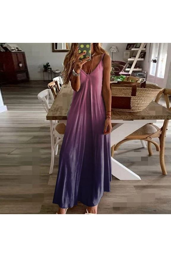 clear 50% off Usmixi Summer Dress Summer Dress Women Casual Plus Size Dresses Tie-dye Gradient Crewneck Pockets Sleeveless Maxi Long Dress Plus Size Womens Dresses Sundresses for Women Purple XXXL