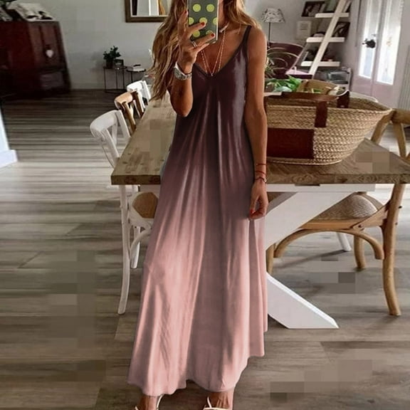 Usmixi Summer Dress Summer Dress Women Casual Plus Size Dresses Tie-dye Gradient Crewneck Pockets Sleeveless Maxi Long Dress Plus Size Womens Dresses Sundresses for Women Pink m