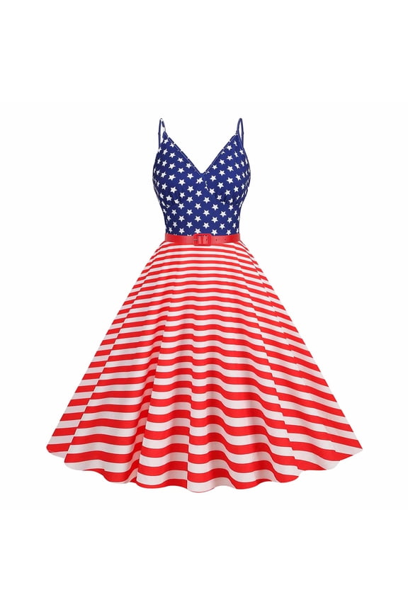Usmixi Summer Dresses for Women 4th of July Patriotic Pleated Swing A Line Tank Formal Dresses 2023 Casual Sleeveless V-Neck Star Striped Print Midi Dress Red l
