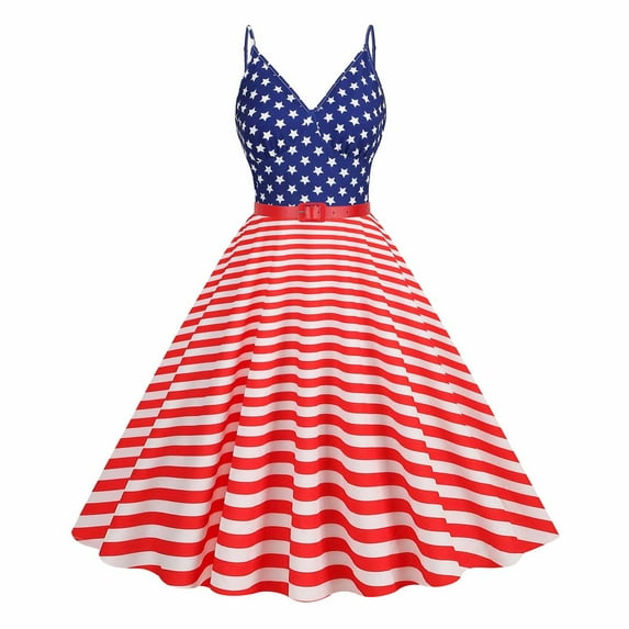 Usmixi Summer Dresses for Women 4th of July Patriotic Pleated Swing A Line Tank Formal Dresses 2023 Casual Sleeveless V-Neck Star Striped Print Midi Dress Red m