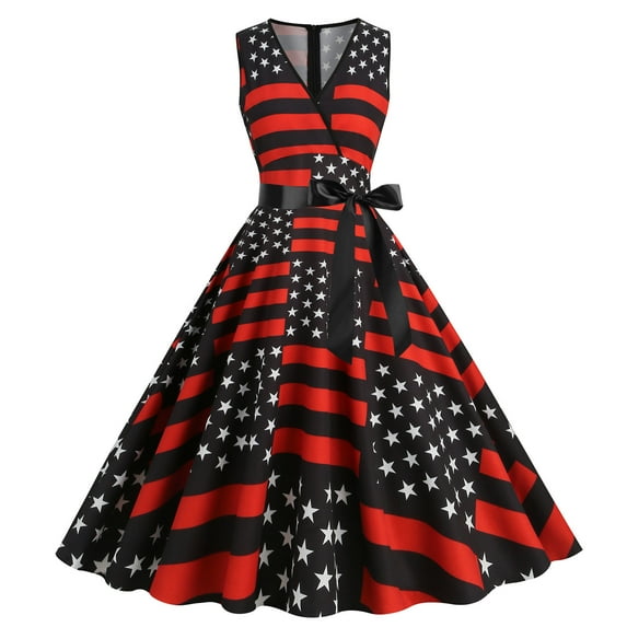 Usmixi Summer Dresses for Women 4th of July Patriotic Pleated Swing A Line Tank Formal Dresses 2023 Casual Sleeveless V-Neck Star Striped Print Midi Dress Red XXL