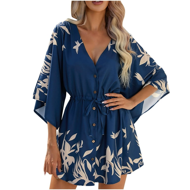 Usmixi Summer Dresses for Women Beach Fashion Batwing Sleeve Button Tie  Waist Hem Mini Sun Dresses Elbow-Length V-Neck Leaves Print Short Sun Dress  