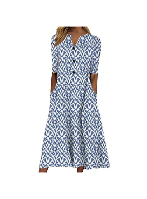 Usmixi Summer Dresses for Women Casual Pocket Button Down Plus Size Tunic Dresses Elbow-Length V-Neck Camouflage Long Sun Dress Sky Blue L Clothes