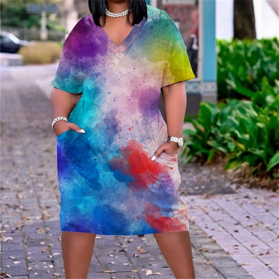 Usmixi Summer Dresses for Women Fashion Plus Size Pocket Swing Tunic Tshirt Midi Dresses Short Sleeve V-Neck Tie-Dye Print Knee-Length 2023 Casual Dress Blue xxxl Under $5