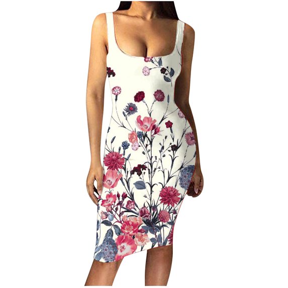 Usmixi Summer Dresses for Women Night Party Club Sexy Basic Bodycon Tank Knee-Length Dresses Sleeveless Round Neck Floral Midi 2023 Casual Dress Pink xl Clearance Under $5