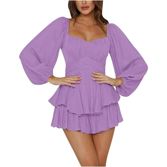 Usmixi Summer Dresses for Women Party Formal High Waist Ruffle Layer Hem Mini Dresses Long Sleeve V-Neck Solid Short 2023 Casual Dress Purple l Under $5