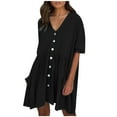 thumbnail image 1 of Usmixi Summer Dresses for Women Plus Size Cotton Linen Button Down Pleated Swing Tunic Dresses 2023 Casual Short Sleeve V-Neck Plain Mini Dress Black xl, 1 of 5