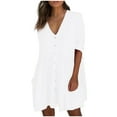 thumbnail image 1 of Usmixi Summer Dresses for Women Plus Size Cotton Linen Button Down Pleated Swing Tunic Dresses 2023 Casual Short Sleeve V-Neck Plain Mini Dress White m, 1 of 4