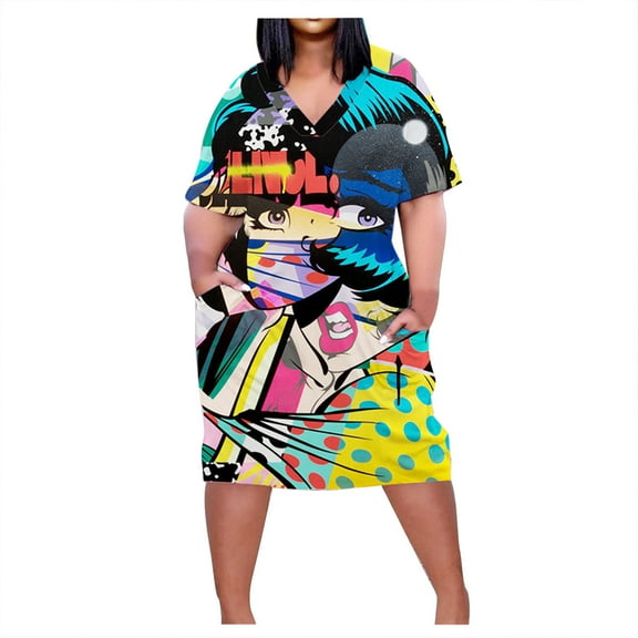 Usmixi Summer Dresses for Women Plus Size Pocket Swing Hem Tunic Tshirt Knee-Length Sun Dresses Short Sleeve V-Neck Tie-Dye Midi 2023 Casual Dress Blue XL