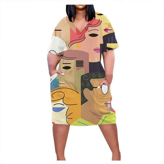 Usmixi Summer Dresses for Women Plus Size Pocket Swing Hem Tunic Tshirt Knee-Length Sun Dresses Short Sleeve V-Neck Tie-Dye Midi 2023 Casual Dress Brown XL