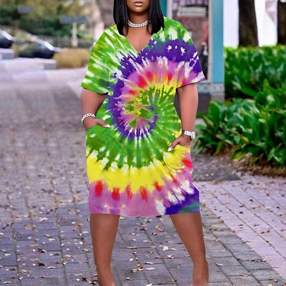 Usmixi Summer Dresses for Women Plus Size Pocket Swing Hem Tunic Tshirt Knee-Length Sun Dresses Short Sleeve V-Neck Tie-Dye Midi 2023 Casual Dress Green xxl Under $5