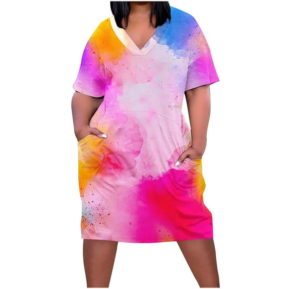 Usmixi Summer Dresses for Women Plus Size Pocket Swing Hem Tunic Tshirt Knee-Length Sun Dresses Short Sleeve V-Neck Tie-Dye Midi 2023 Casual Dress Orange XXL