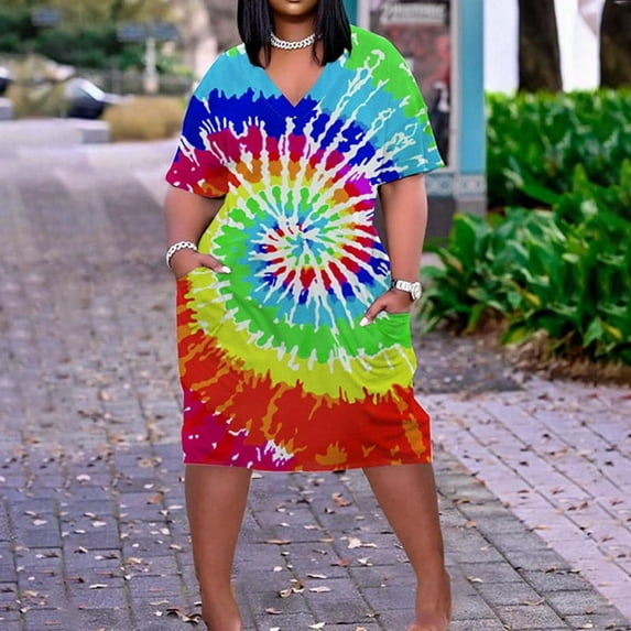 Usmixi Summer Dresses for Women Plus Size Pocket Swing Hem Tunic Tshirt Midi Sun Dresses Short Sleeve V-Neck Tie-Dye Print Knee-Length 2023 Casual Dress Green l Under $5