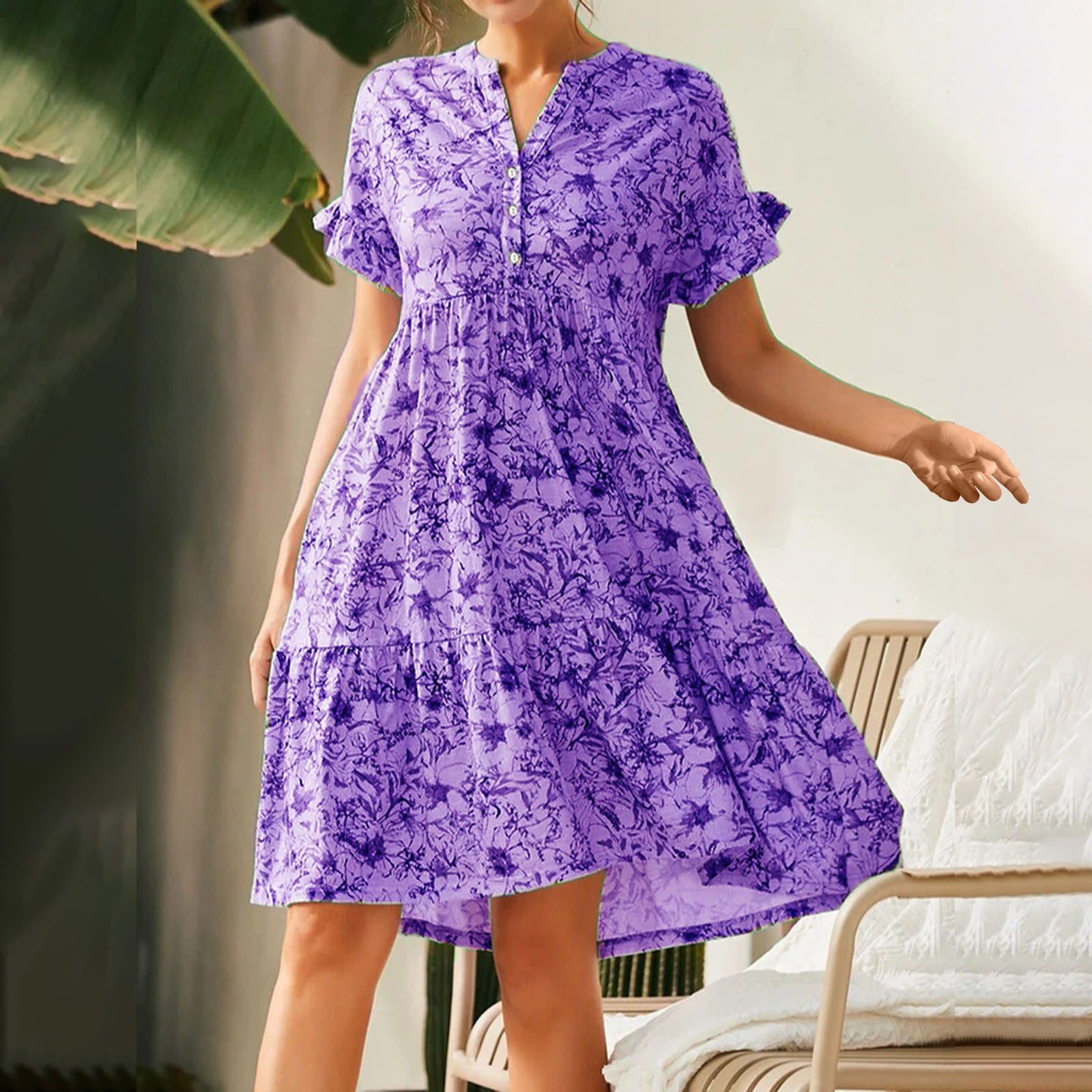 Auroural Women Dress for Summer Beach Dress Cotton Linen Loose Short Sleeve  V Neck Shift Tunic Dresses Knee-Length Purple at  Women's Clothing  store