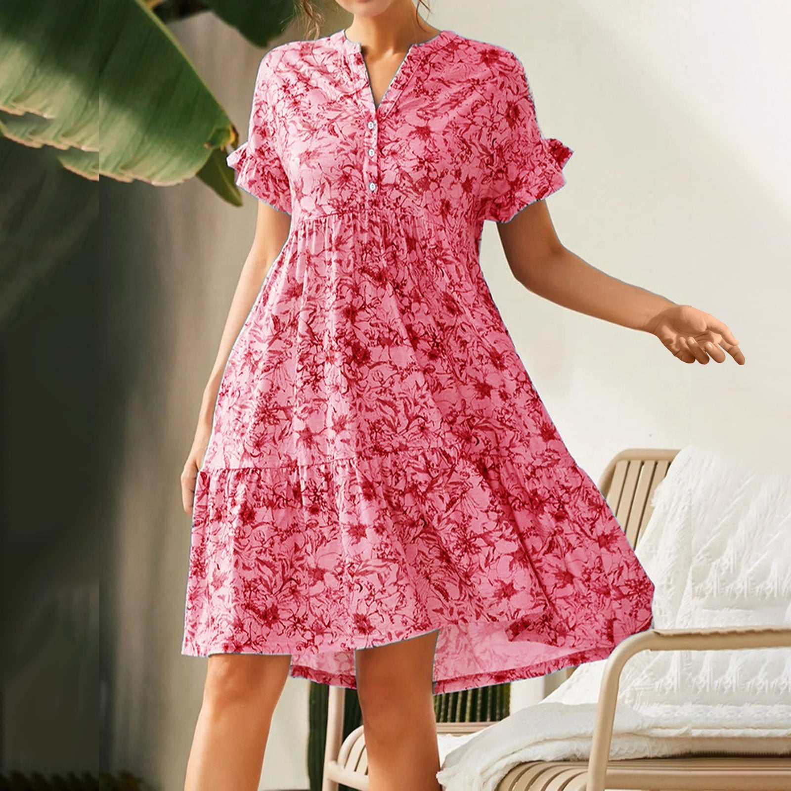 Usmixi Summer Dresses for Women Short Sleeve V-Neck Floral