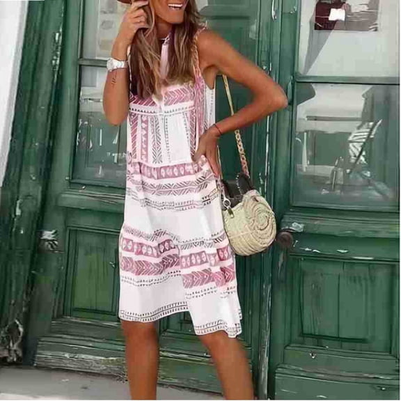 Usmixi Summer Dresses for Women Sleeveless V-Neck Geometric Print Knee-Length Sun Dress Loose Ruffle Hem Plus Size Vintage Midi Dresses Pink L Up to 65% off