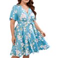 thumbnail image 1 of Usmixi Summer Dresses for Women Tie Waist Pleated Swing Plus Size A Line Short Dresses Short Sleeve V-Neck Floral Print Mini 2023 Casual Dress Light Blue xxxl Clearance Under $5, 1 of 7