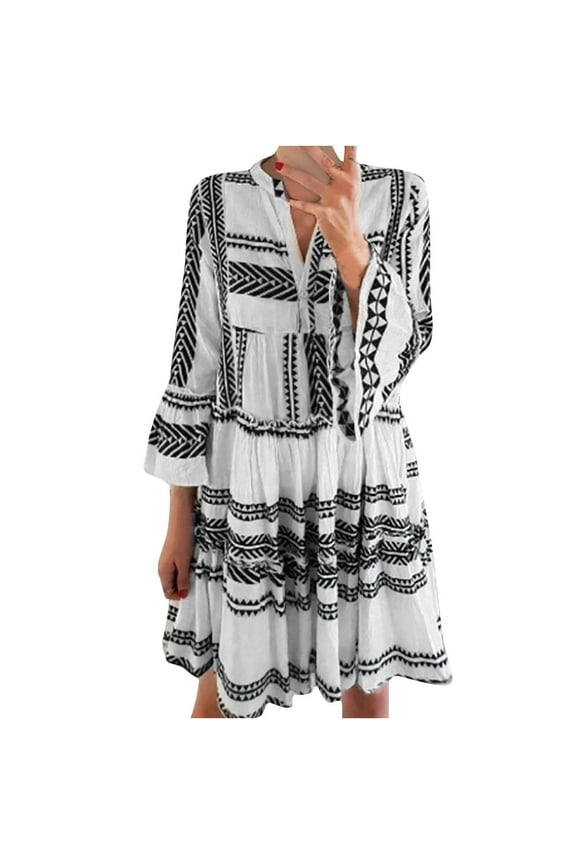 Summer Dresses for Women Beach Loose Flowy Ruffle Swing Tunic Midi Dresses 3/4 Sleeve V-Neck Striped Print Knee-Length Sun Dress Black S