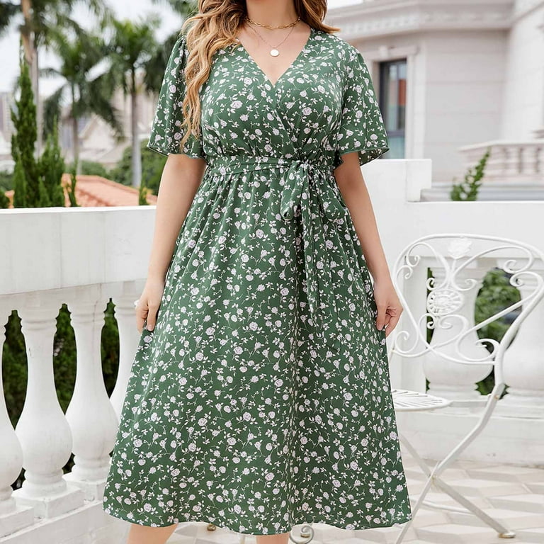 Usmixi Summer Dresses for Women Beach Tie Waist Flowy Swing A-line Plus  Size Dresses Short Sleeve V-Neck Floral Midi Sun Dress Green XXL