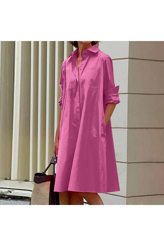 Usmixi Summer Dresses for Women Casual Button Down Lightweight Loose Knee-Length Shirt Dresses Long Sleeve Lapel Solid Midi Sun Dress Hot Pink XXL