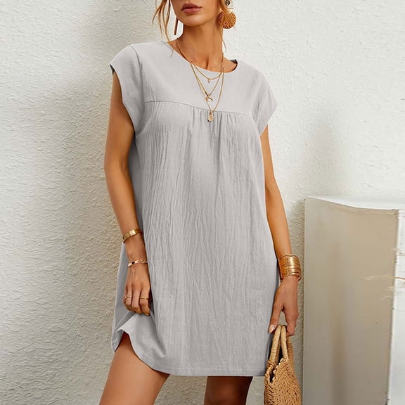 ZZwxWA Summer Dresses for Women Casual Loose Soft Cotton Linen Tshirt Short Dresses Short Sleeve Round Neck Solid Mini Sun Dress Gray L