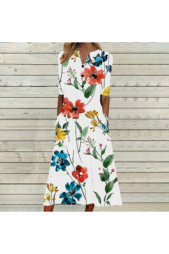 Usmixi Summer Dresses for Women Casual Pocket Button Down Plus Size Tunic Dresses Elbow-Length V-Neck Camouflage Long Sun Dress White XL