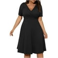 thumbnail image 1 of ZZwxWA Summer Dresses for Women Empire Waist Casual Pocket Swing Plus Size Dresses Short Sleeve V-Neck Solid Knee-Length Sun Dress Black L, 1 of 6