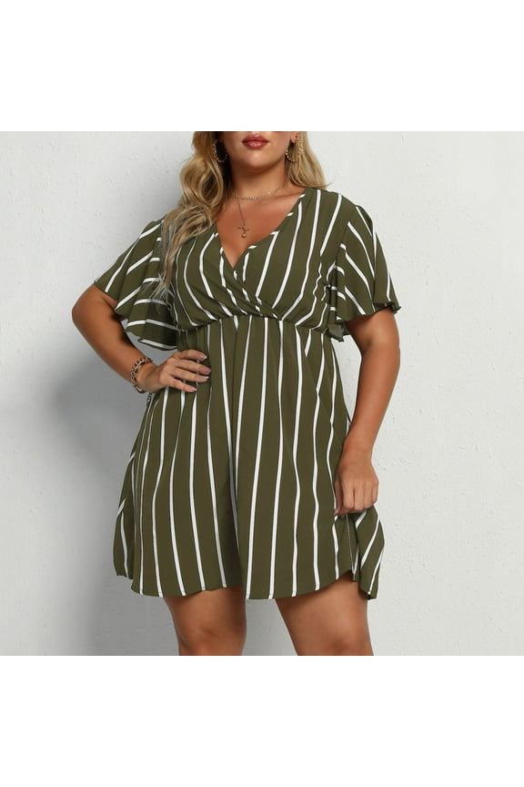 Summer Dresses for Women Empire Waist Plus Size Wrap Hem Short Dresses Short Sleeve V-Neck Striped Print Mini Sun Dress Cocktail Party