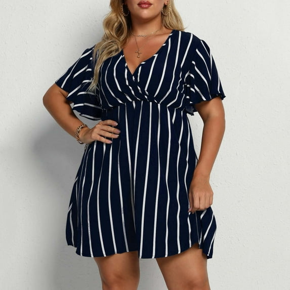 ZZwxWA Summer Dresses for Women Empire Waist Plus Size Wrap Hem Short Dresses Short Sleeve V-Neck Striped Print Mini Sun Dress Cocktail Party