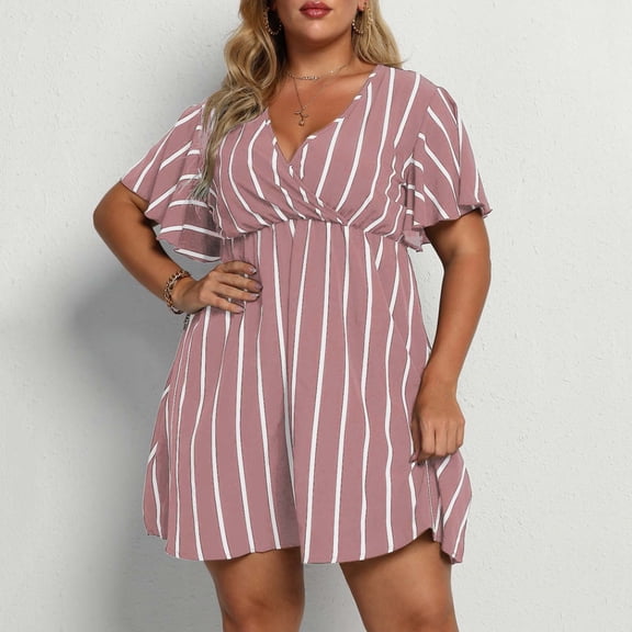 ZZwxWA Summer Dresses for Women Empire Waist Plus Size Wrap Hem Short Dresses Short Sleeve V-Neck Striped Print Mini Sun Dress Cocktail Party