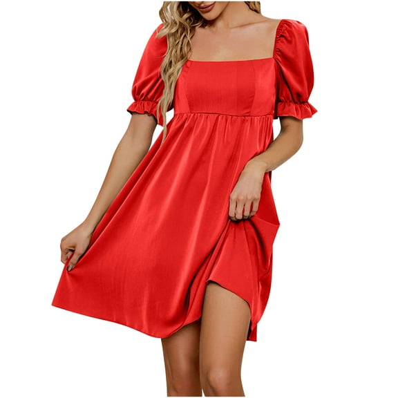 Usmixi Summer Dresses for Women High Waist Casual Smocked Swing Beach Short Sun Dresses Short Sleeve Square Neck Solid Mini Sun Dress Red XXL