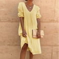 thumbnail image 1 of Usmixi Summer Dresses for Women Loose Plus Size Breathable Cotton Linen Knee-Length Dresses Short Sleeve V-Neck Solid Midi 2023 Casual Dress Yellow m, 1 of 6