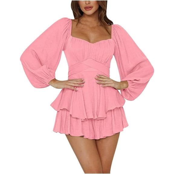Usmixi Summer Dresses for Women Party Formal High Waist Ruffle Layer Hem Mini Dresses Long Sleeve V-Neck Solid Short 2023 Casual Dress Pink xxl